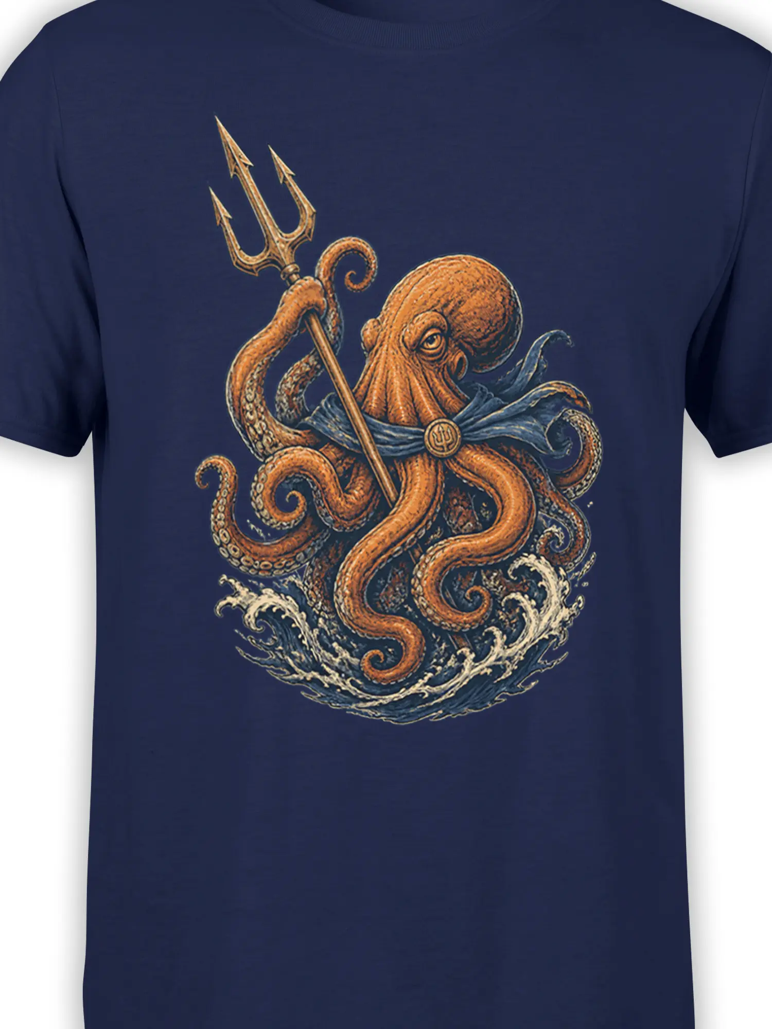 close-up of orange octopus sea lord with trident and cape over foaming waves on navy fabric