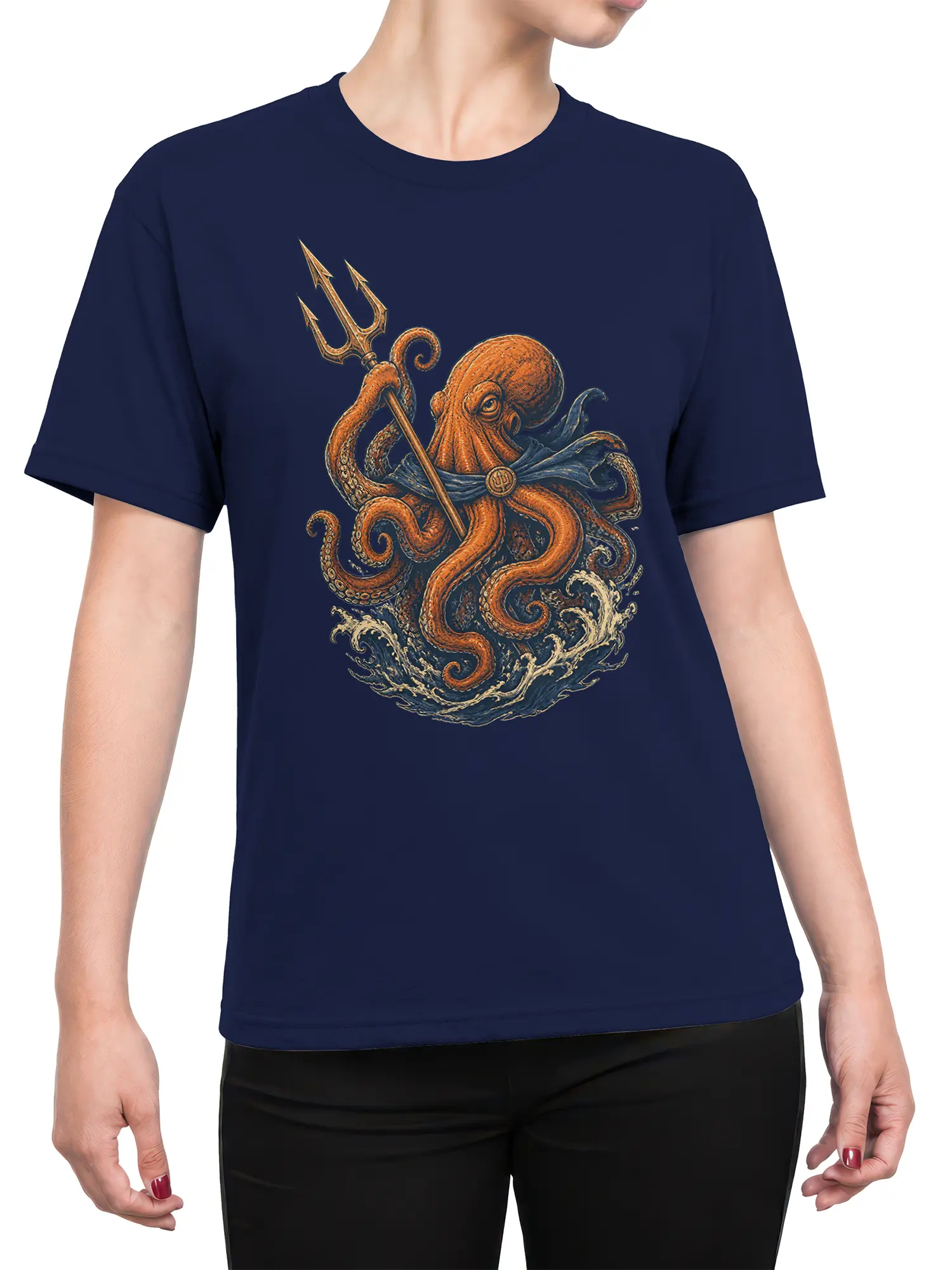 female model wearing navy tee with orange octopus warrior and trident over ocean waves