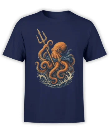 navy unisex shirt with detailed orange octopus warrior holding a trident above crashing ocean waves