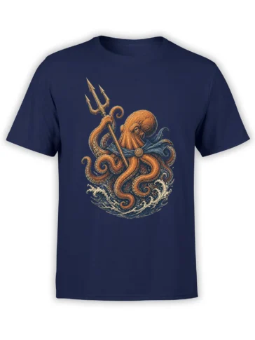 navy unisex shirt with detailed orange octopus warrior holding a trident above crashing ocean waves