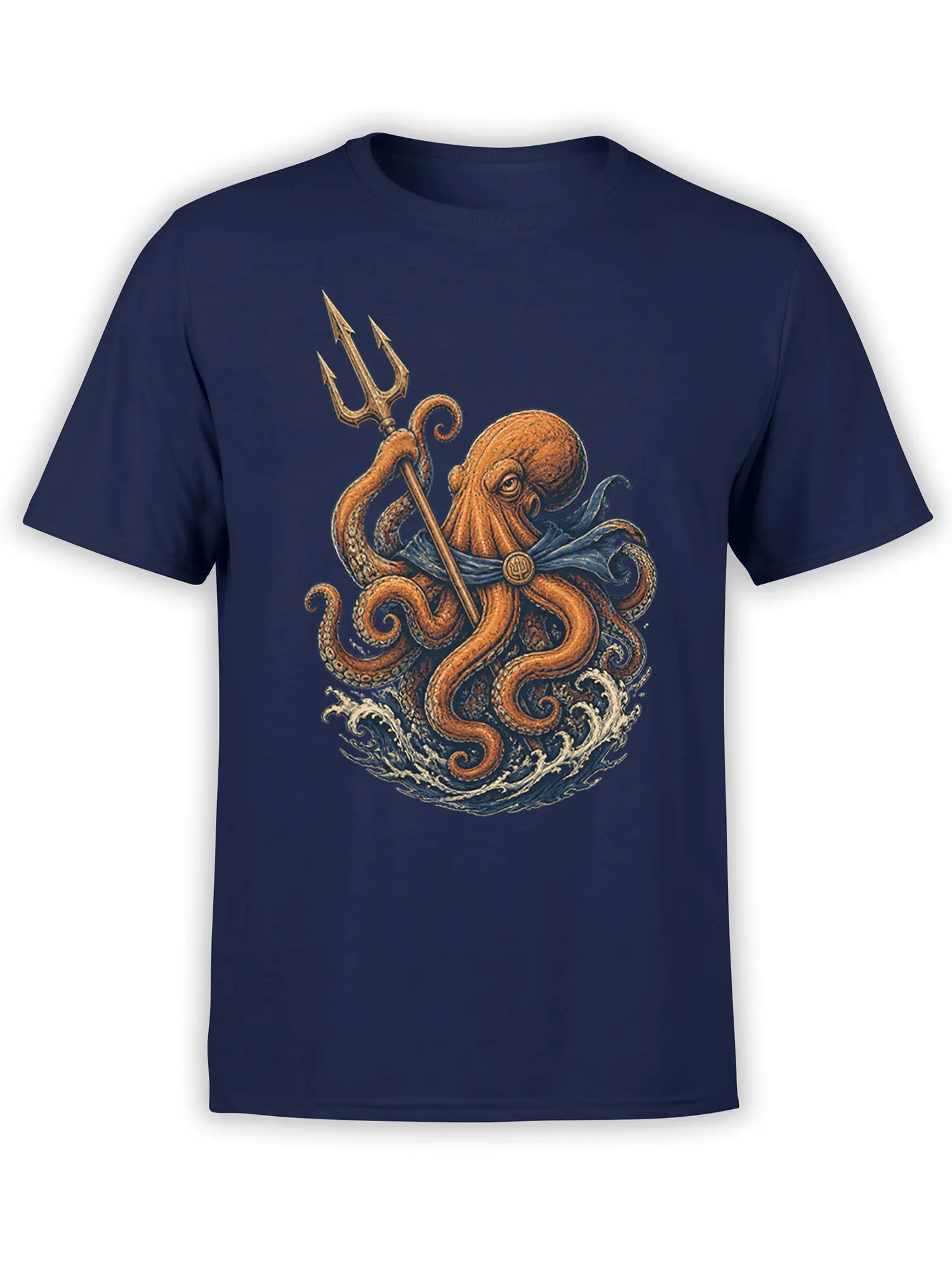 navy unisex shirt with detailed orange octopus warrior holding a trident above crashing ocean waves