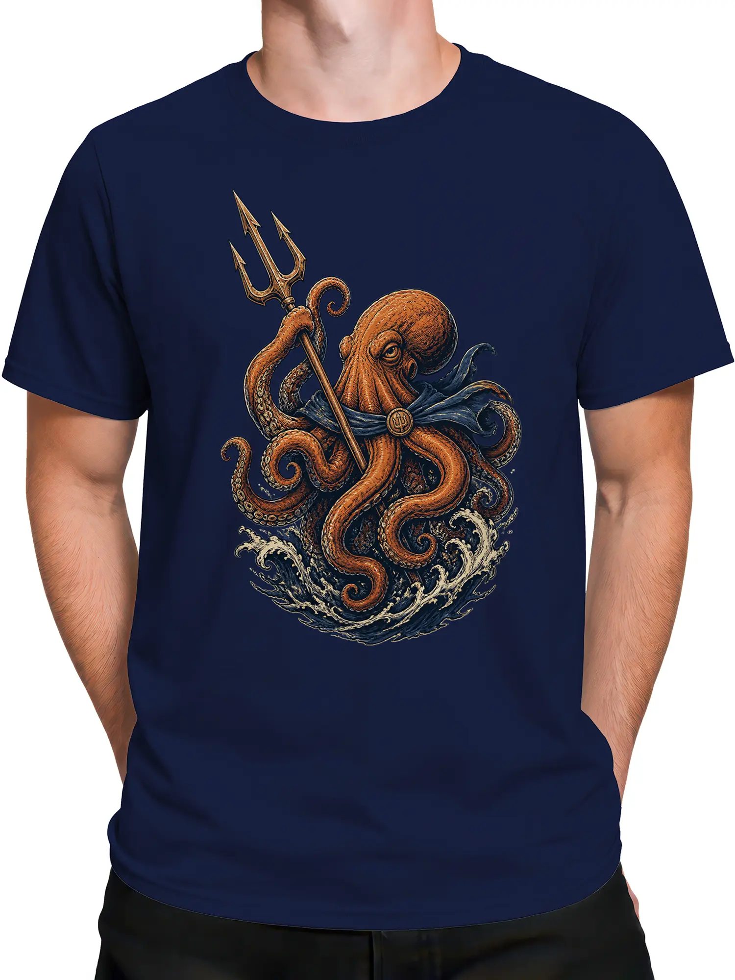 male model in navy shirt featuring orange octopus sea warrior holding trident in crashing waves