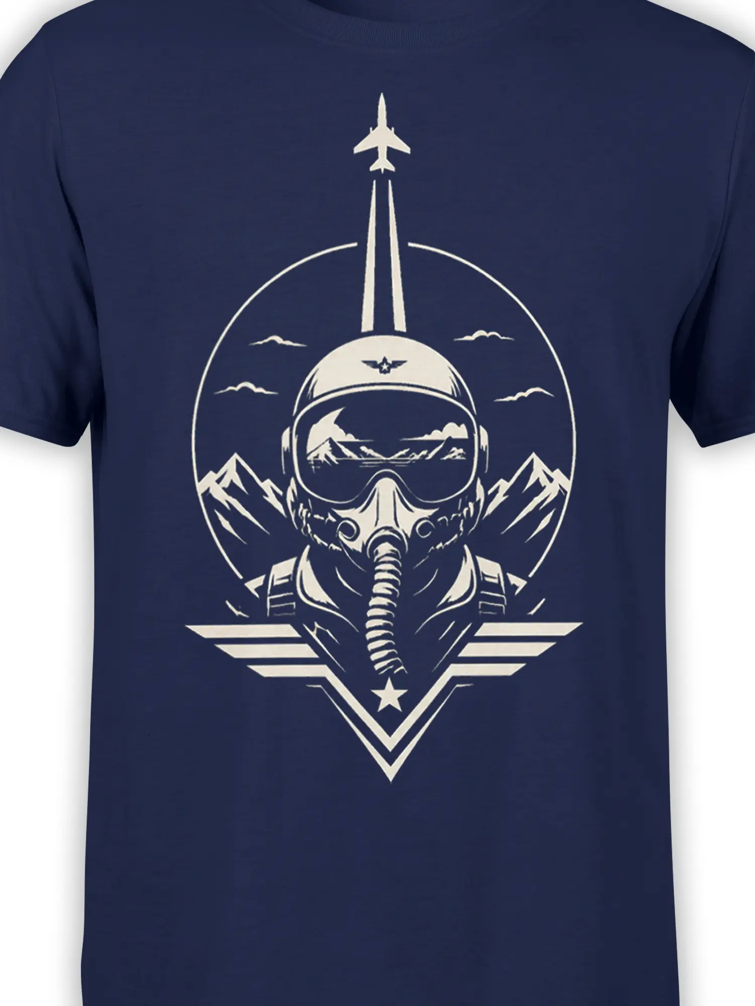 close-up of fighter pilot helmet graphic with jet, mountains, and wing insignia on navy aviation shirt