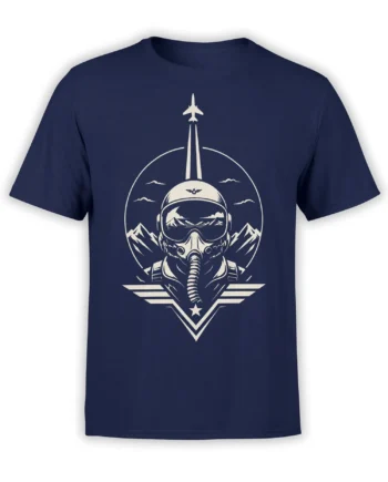 navy unisex t-shirt with bold fighter pilot helmet and jet fighter graphic framed by mountains and sky