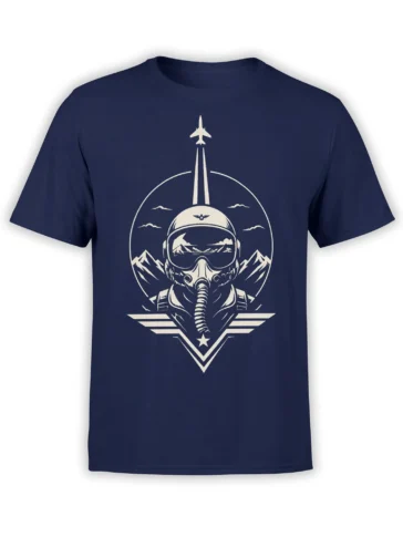 navy unisex t-shirt with bold fighter pilot helmet and jet fighter graphic framed by mountains and sky