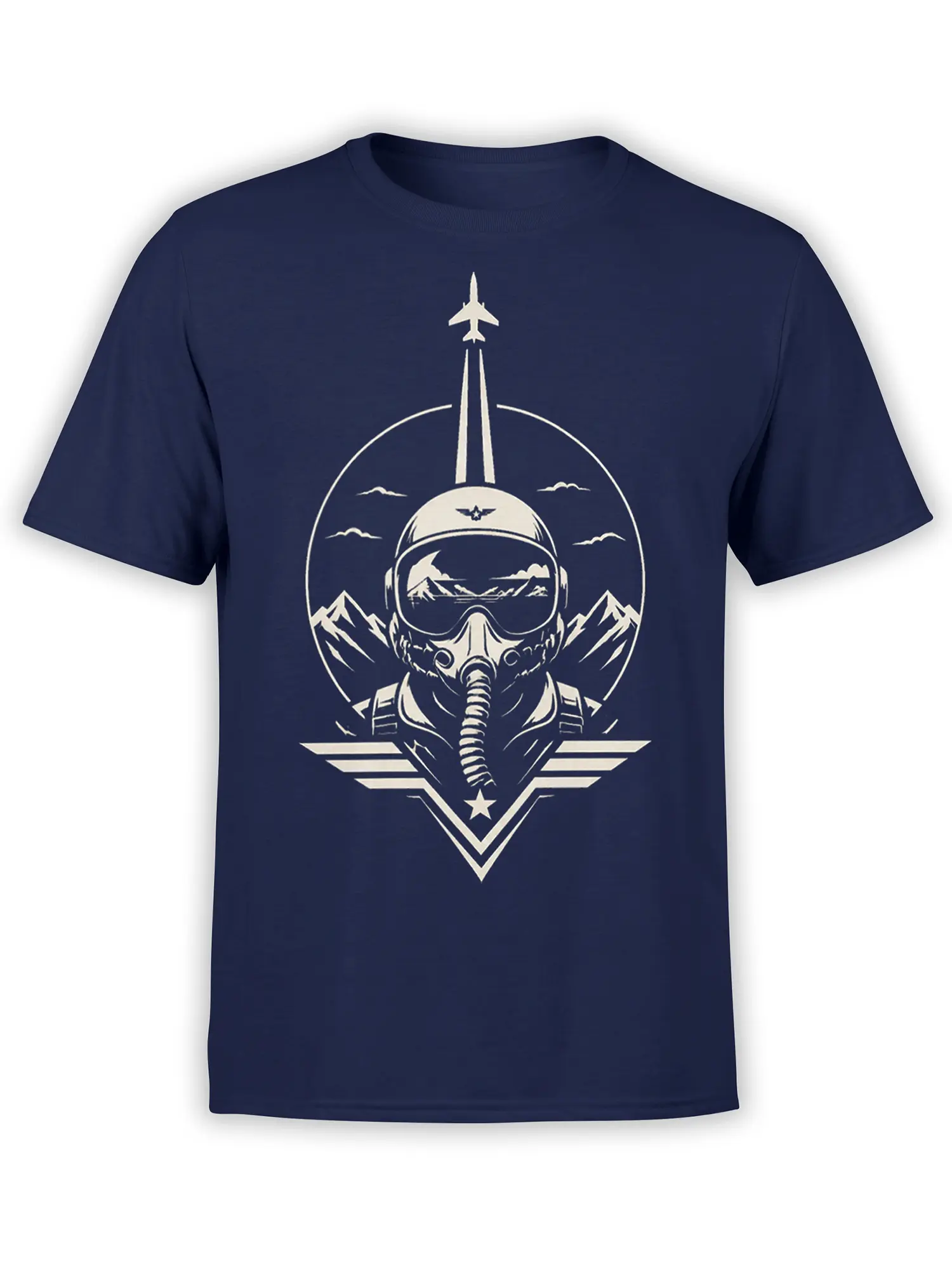 navy unisex t-shirt with bold fighter pilot helmet and jet fighter graphic framed by mountains and sky