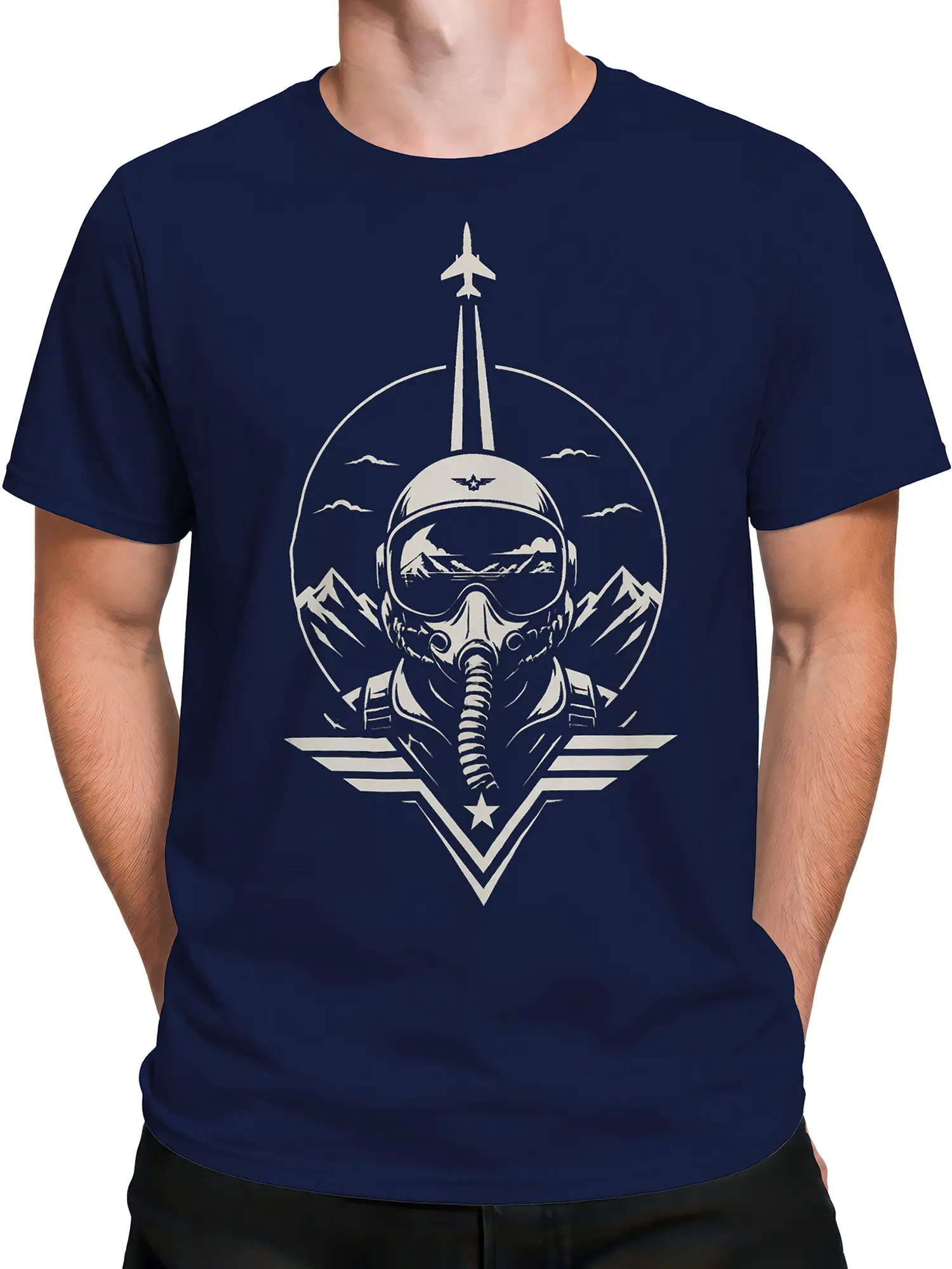 male model in navy aviation t-shirt with fighter pilot helmet and jet fighter design