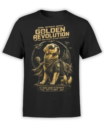 Black unisex t-shirt with sci-fi golden retriever revolutionary graphic and bold Golden Revolution slogans in vintage gold ink
