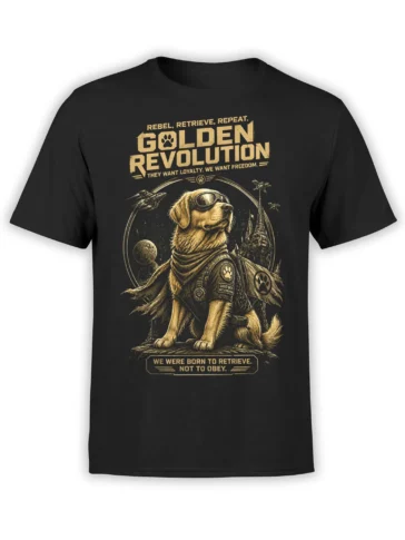 Black unisex t-shirt with sci-fi golden retriever revolutionary graphic and bold Golden Revolution slogans in vintage gold ink