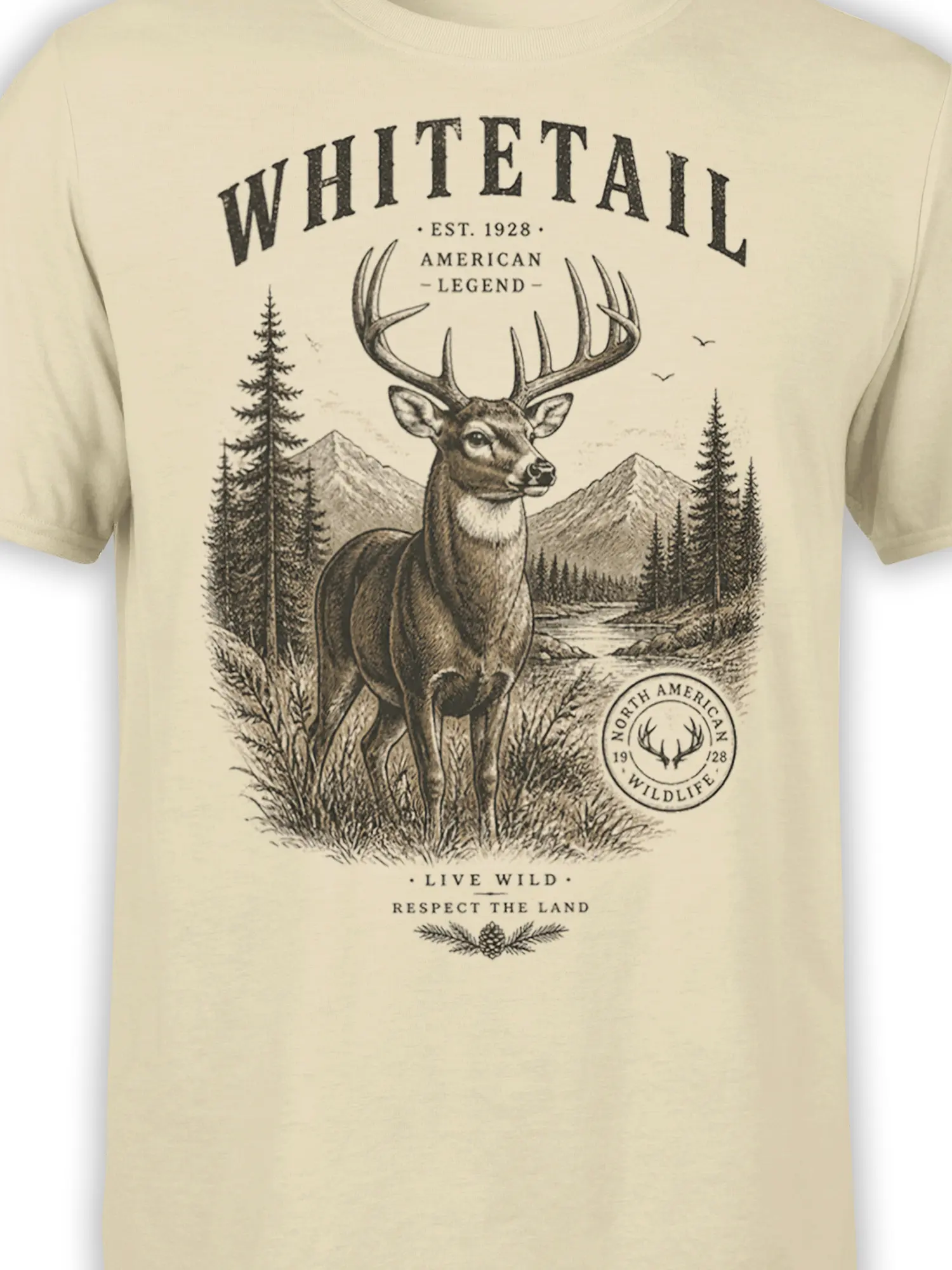 close-up of vintage whitetail deer illustration with forest, river, and mountains on beige cotton shirt
