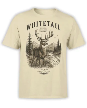 beige unisex t-shirt with vintage whitetail deer, pine trees, and mountain landscape in dark brown line art