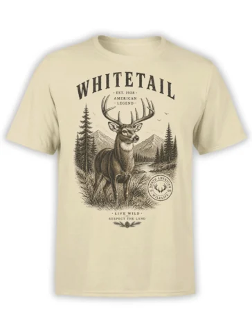beige unisex t-shirt with vintage whitetail deer, pine trees, and mountain landscape in dark brown line art