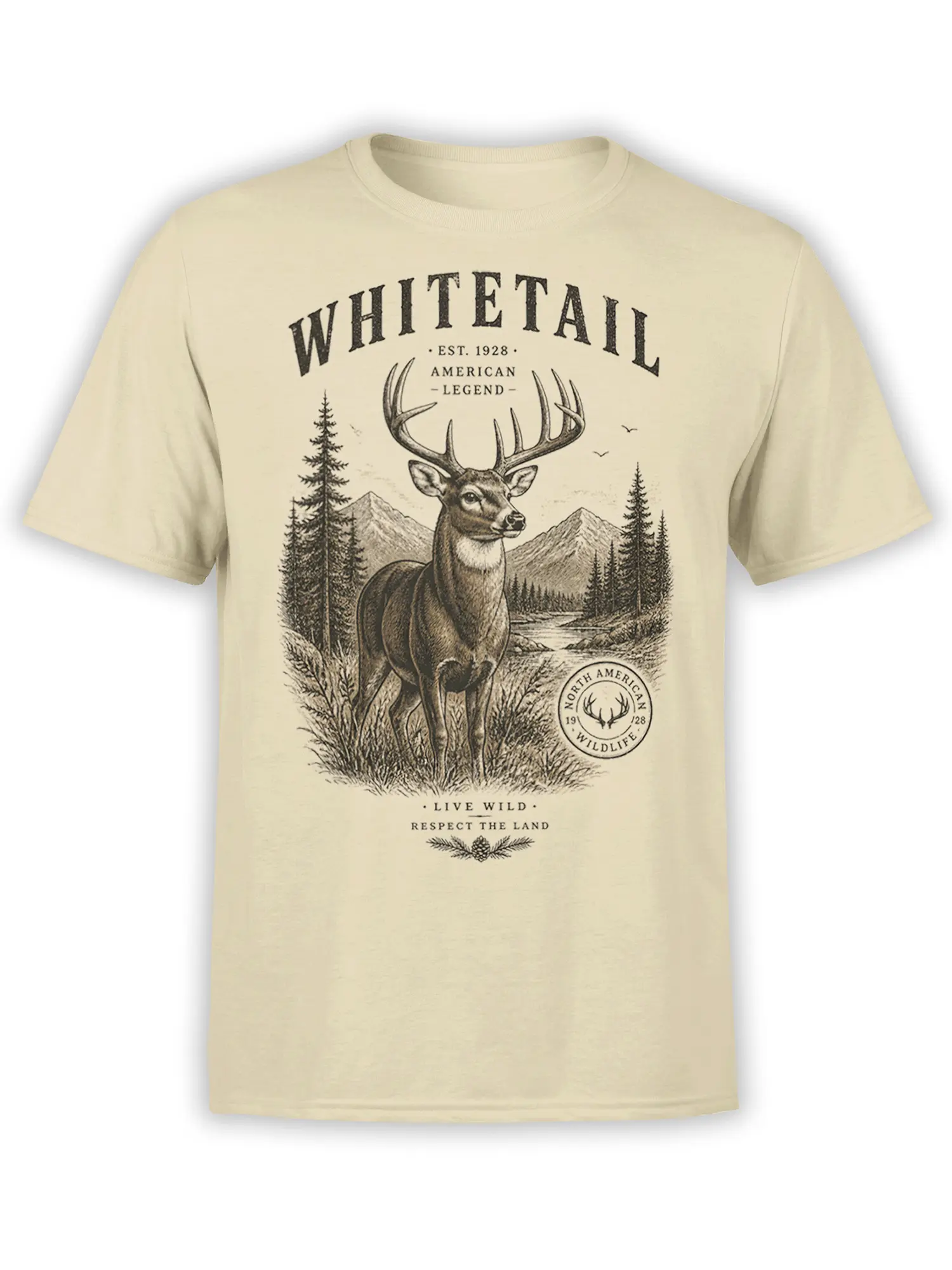 beige unisex t-shirt with vintage whitetail deer, pine trees, and mountain landscape in dark brown line art