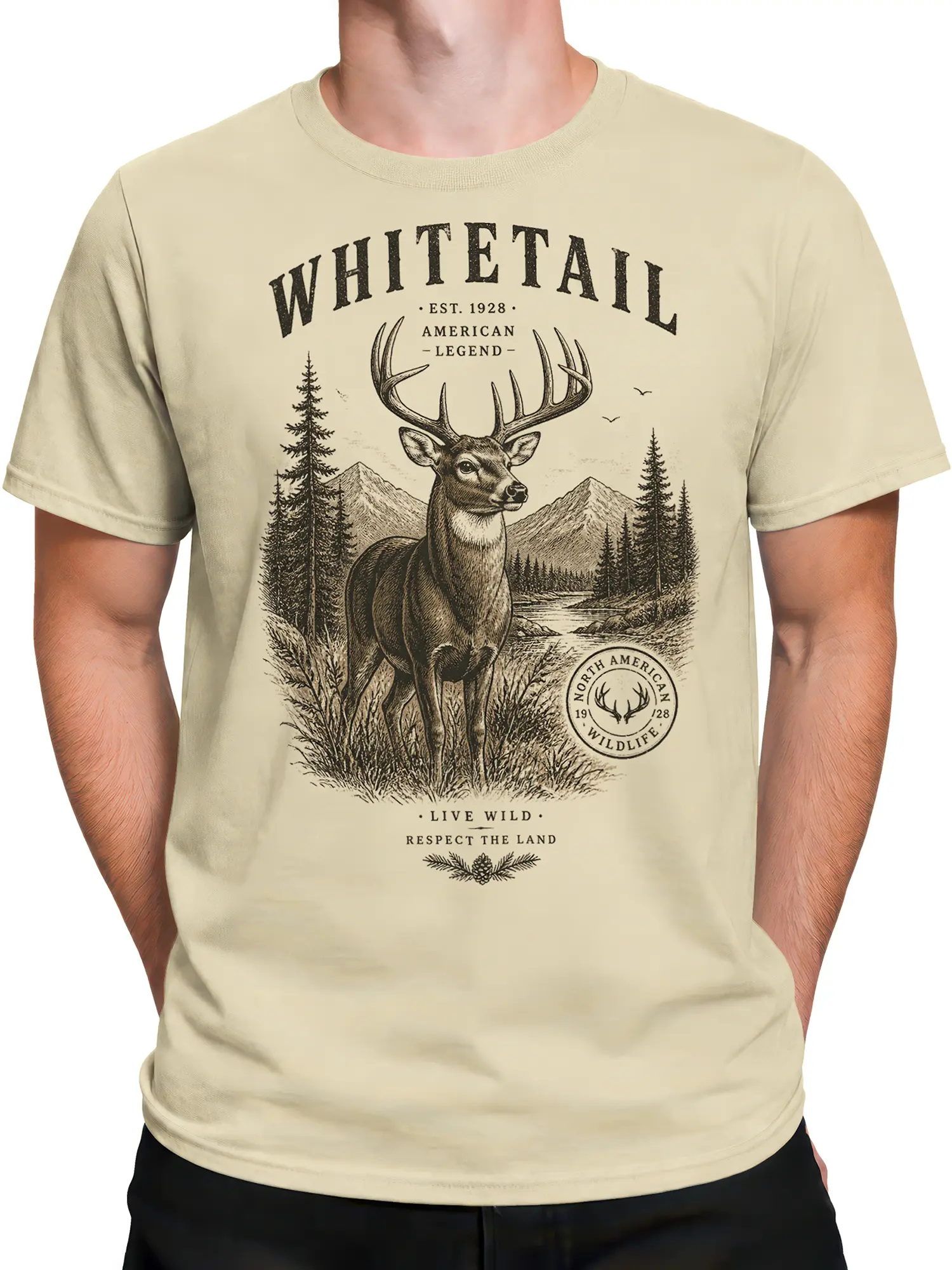 male model in beige whitetail deer t-shirt with vintage forest and mountains illustration