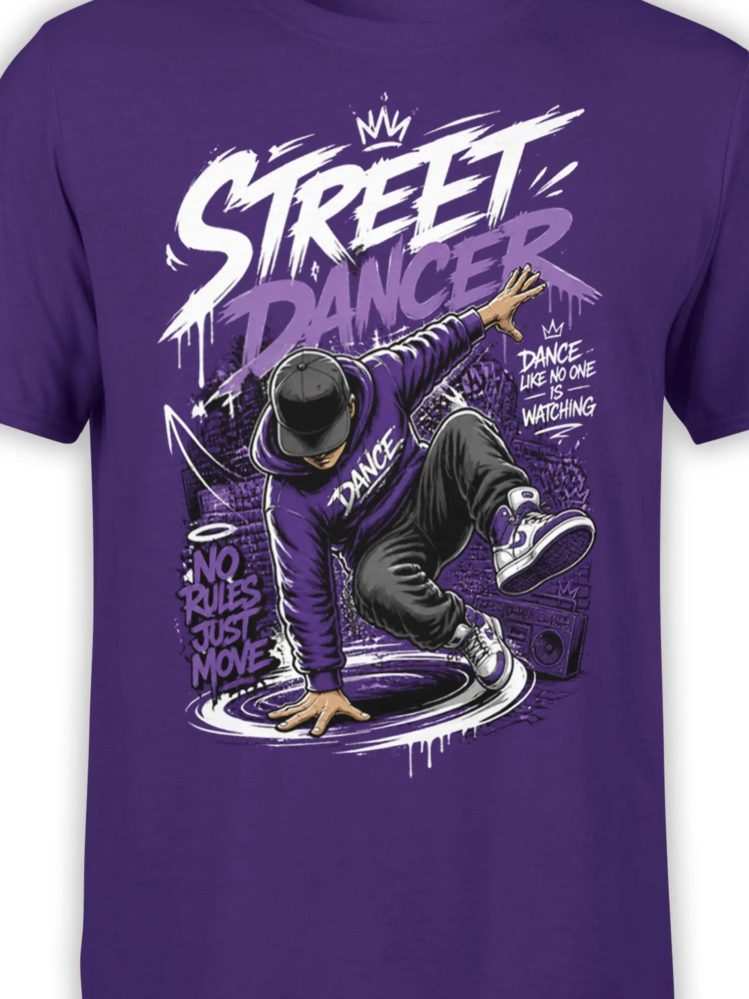 close-up of graffiti street dancer art and dance quotes on purple cotton shirt