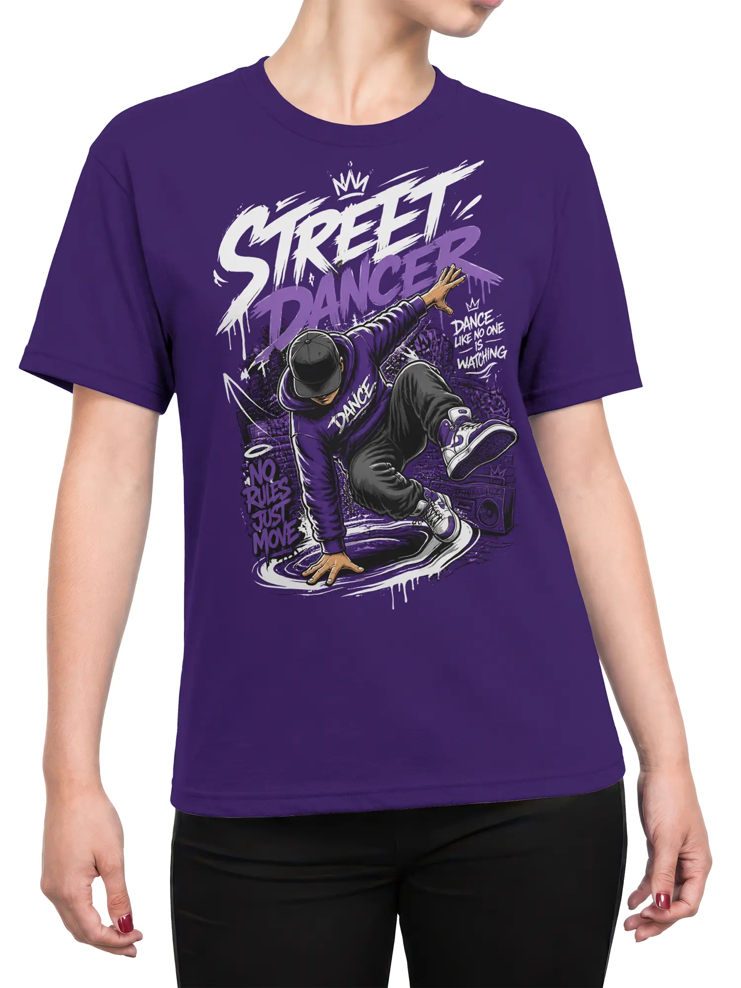 woman wearing purple street dancer graffiti t-shirt with breakdancer graphic
