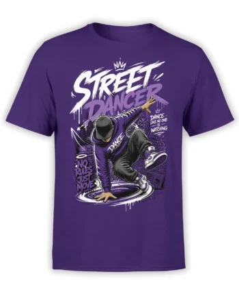 purple street dancer t-shirt with graffiti-style breakdancer artwork and no rules just move quote on front