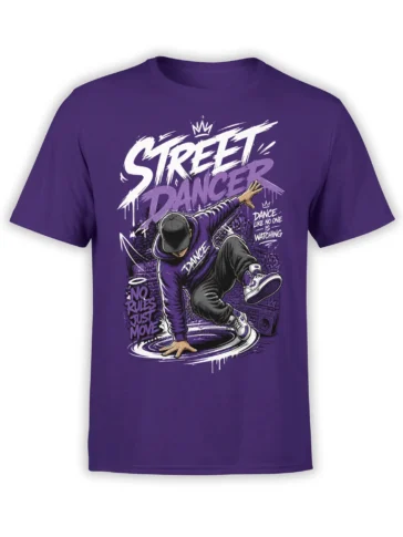 purple street dancer t-shirt with graffiti-style breakdancer artwork and no rules just move quote on front