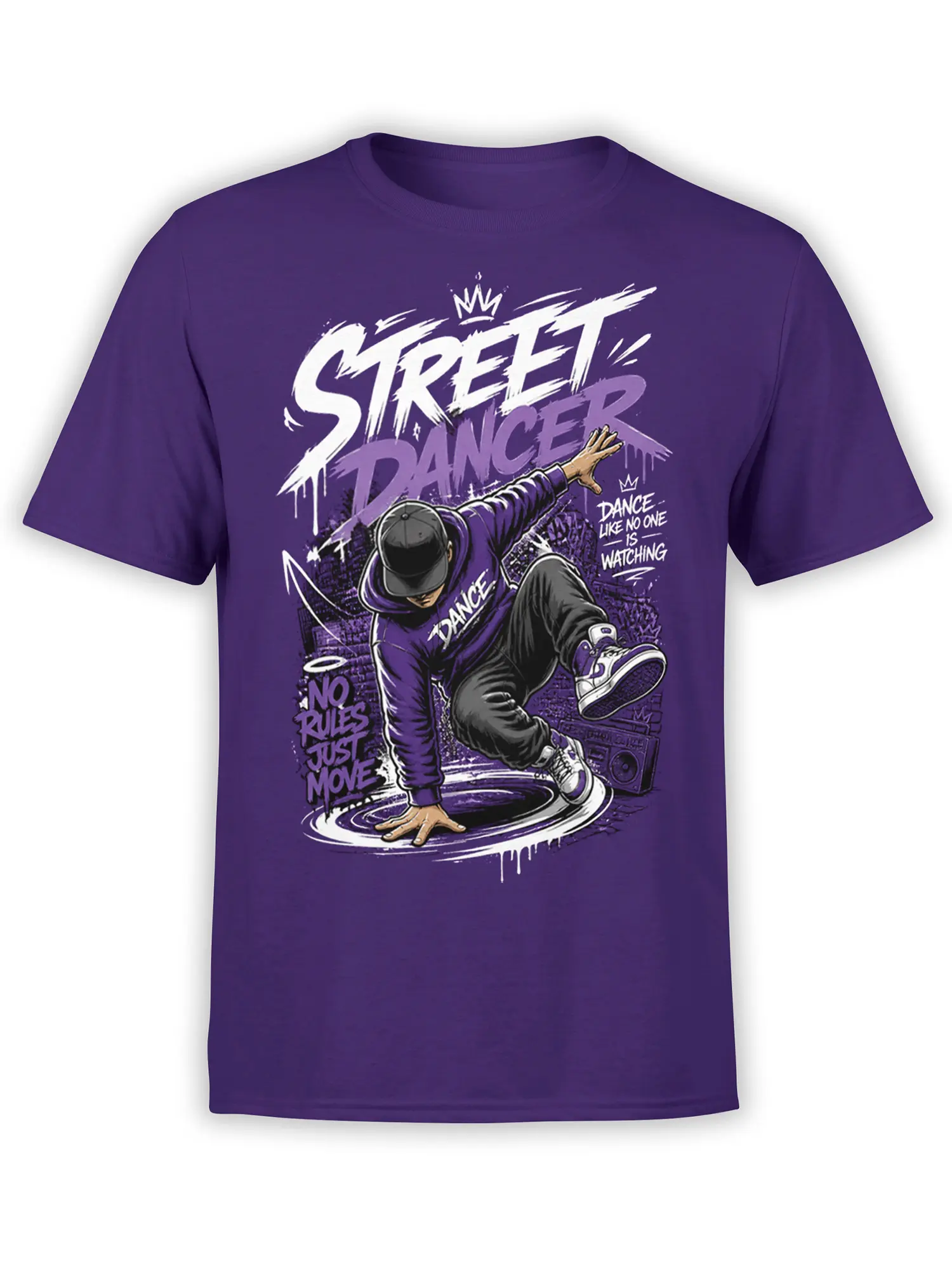 purple street dancer t-shirt with graffiti-style breakdancer artwork and no rules just move quote on front
