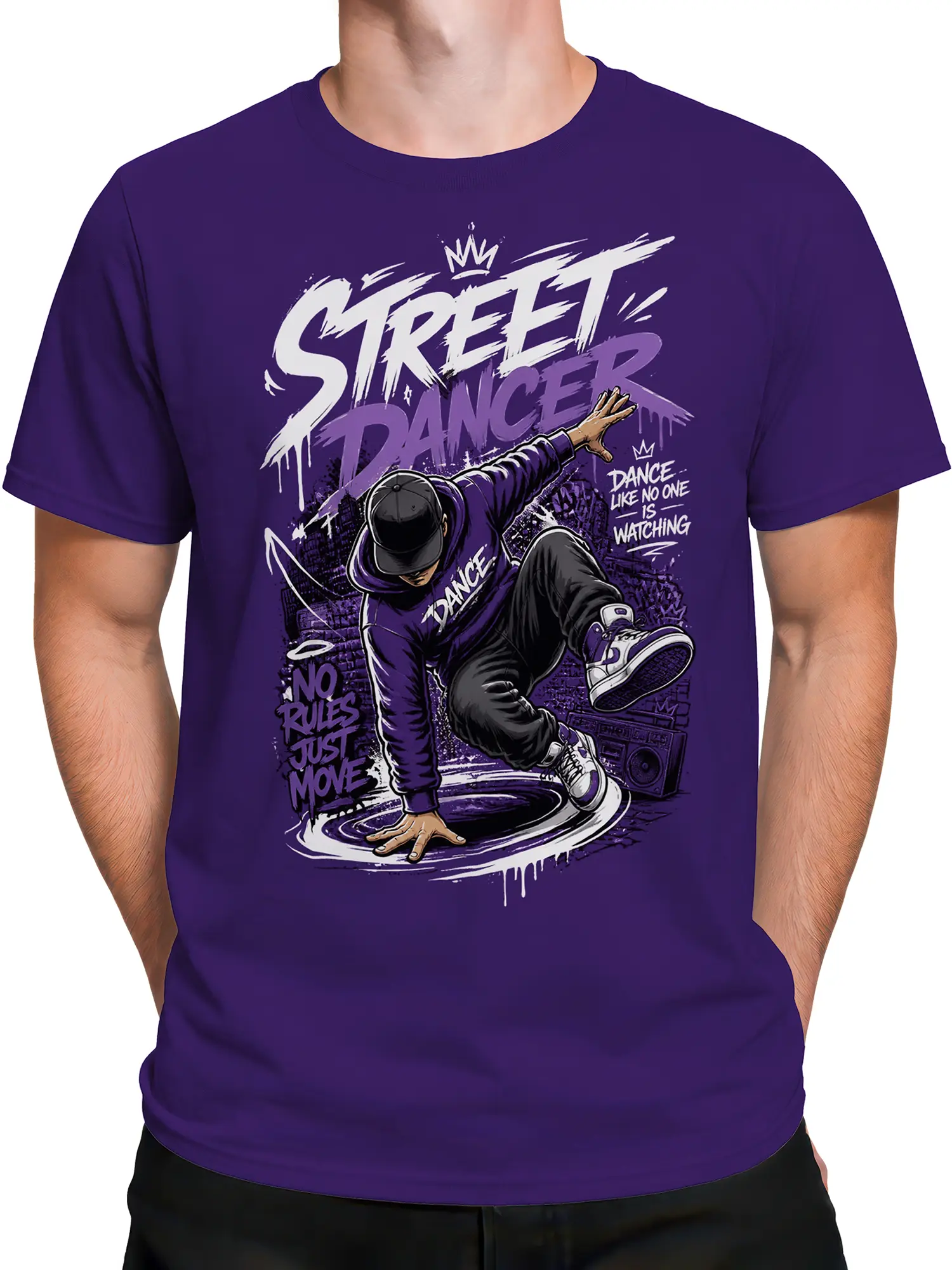 man wearing purple street dancer t-shirt with graffiti breakdance design