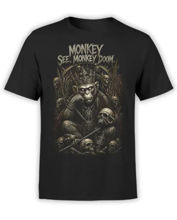 black t-shirt with dark fantasy monkey king on a skull throne and “Monkey See, Monkey Doom” gothic text