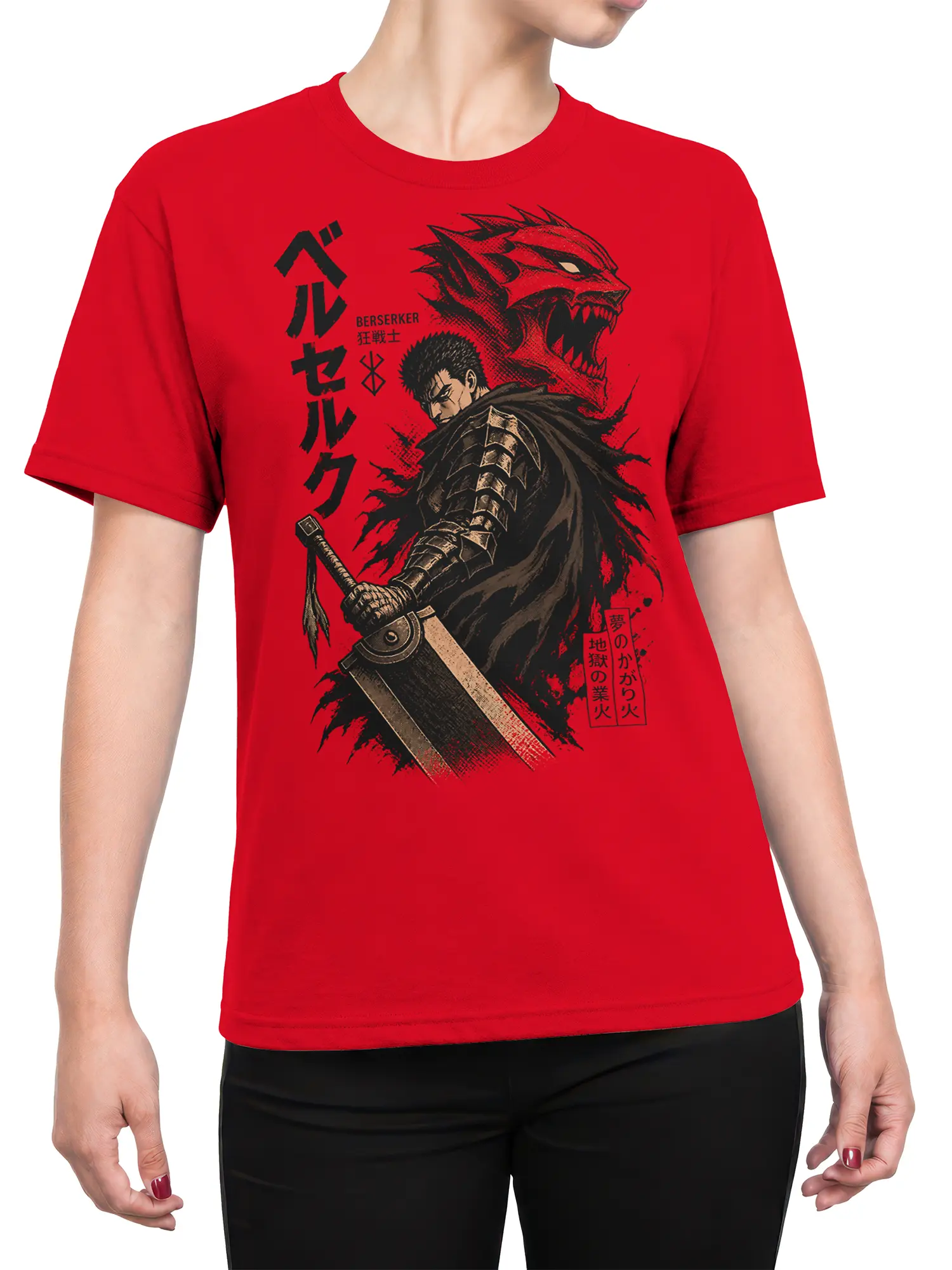 female model wearing red berserker warrior t-shirt with dark swordsman and demon design