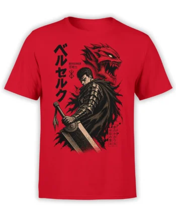 red berserker warrior t-shirt with dark swordsman and roaring red demon graphic in bold manga style