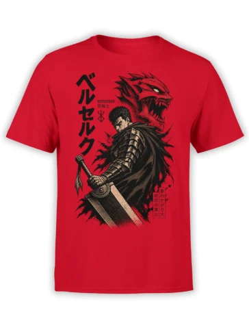 red berserker warrior t-shirt with dark swordsman and roaring red demon graphic in bold manga style