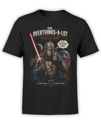 Black unisex t-shirt with a detailed space knight holding a red lightsaber, stats panels, and humorous overthinking text design
