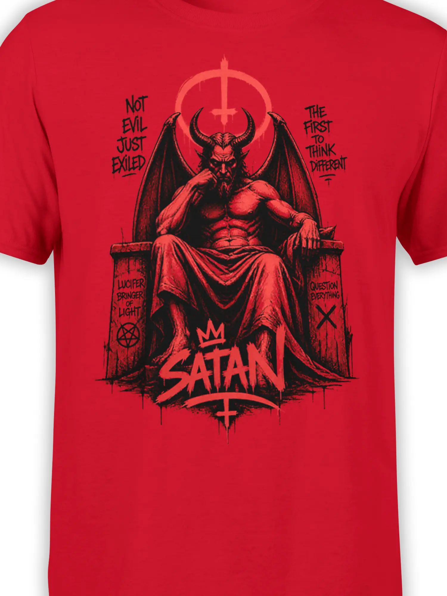 close-up of horned Satan on throne with crown logo, inverted cross, and handwritten rebellious quotes on red cotton fabric