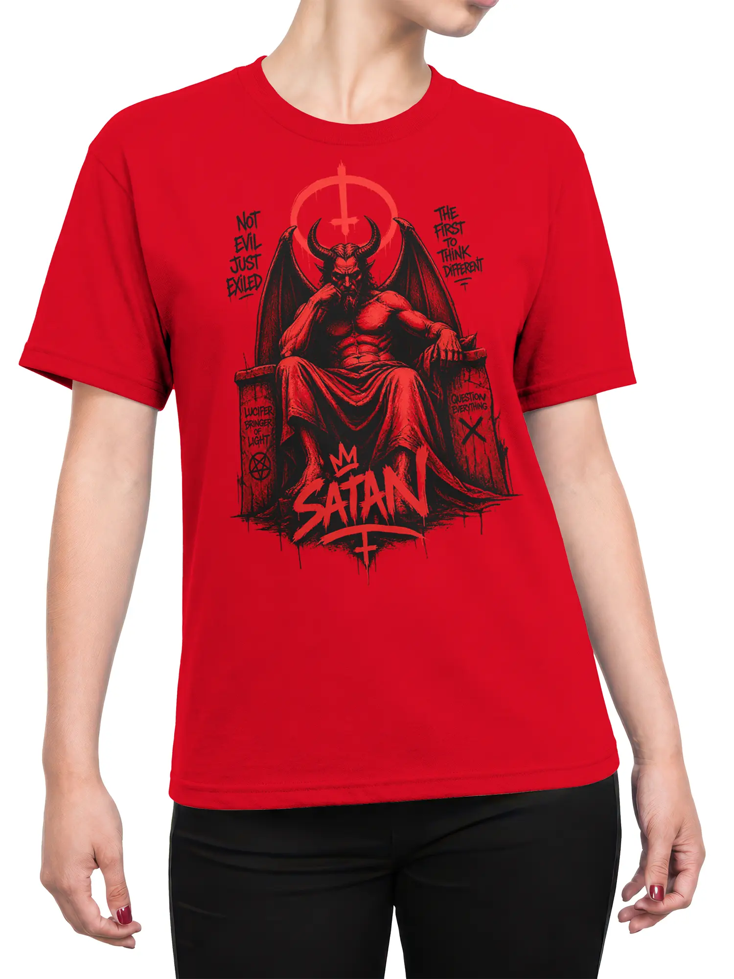 female model wearing red Satan throne graphic tee with dark occult artwork and questioning text across the chest