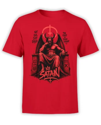 red unisex t-shirt with a detailed horned Satan sitting on a throne and bold rebellious text about exile and thinking different
