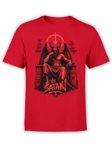 red unisex t-shirt with a detailed horned Satan sitting on a throne and bold rebellious text about exile and thinking different