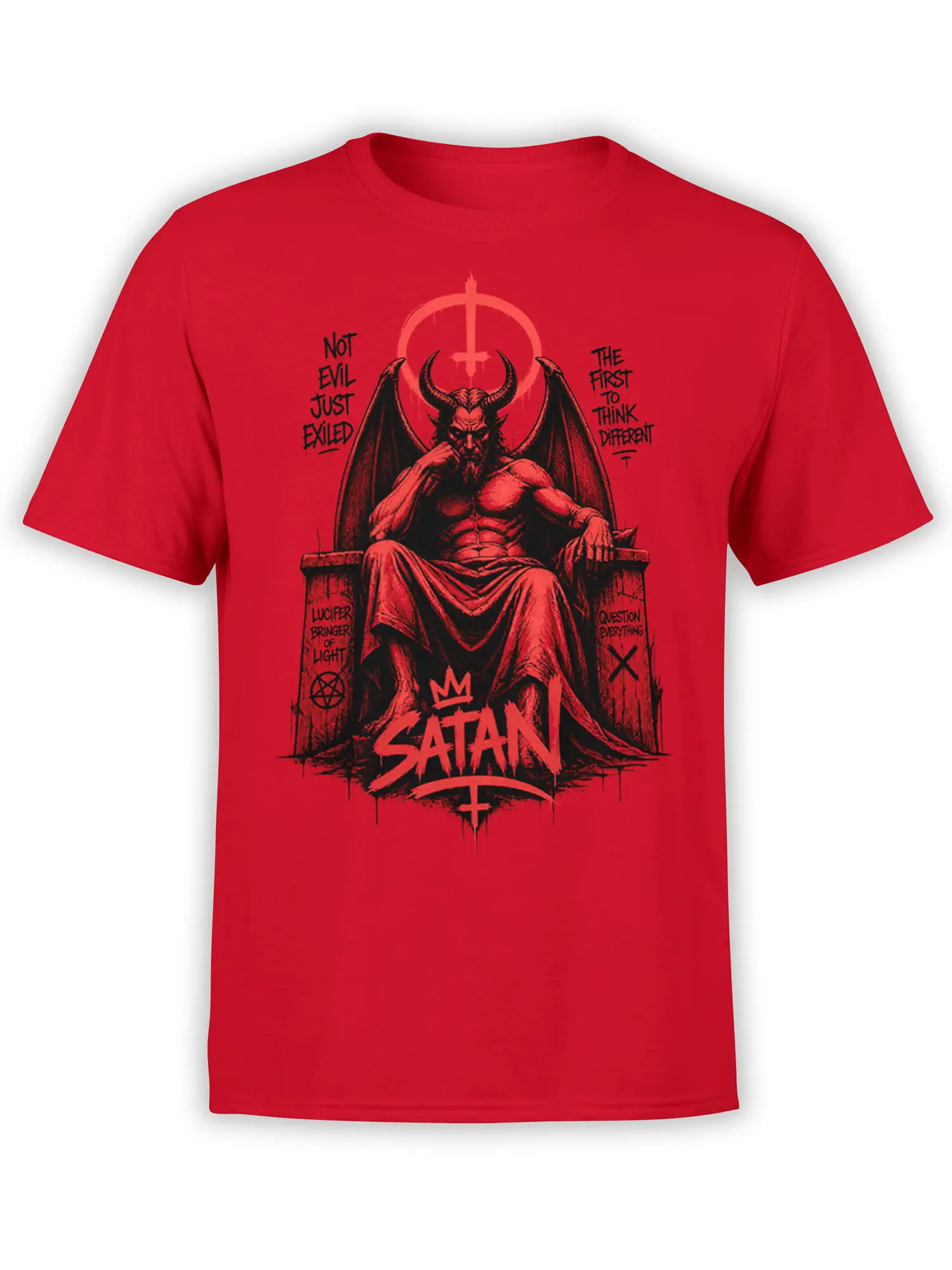 red unisex t-shirt with a detailed horned Satan sitting on a throne and bold rebellious text about exile and thinking different