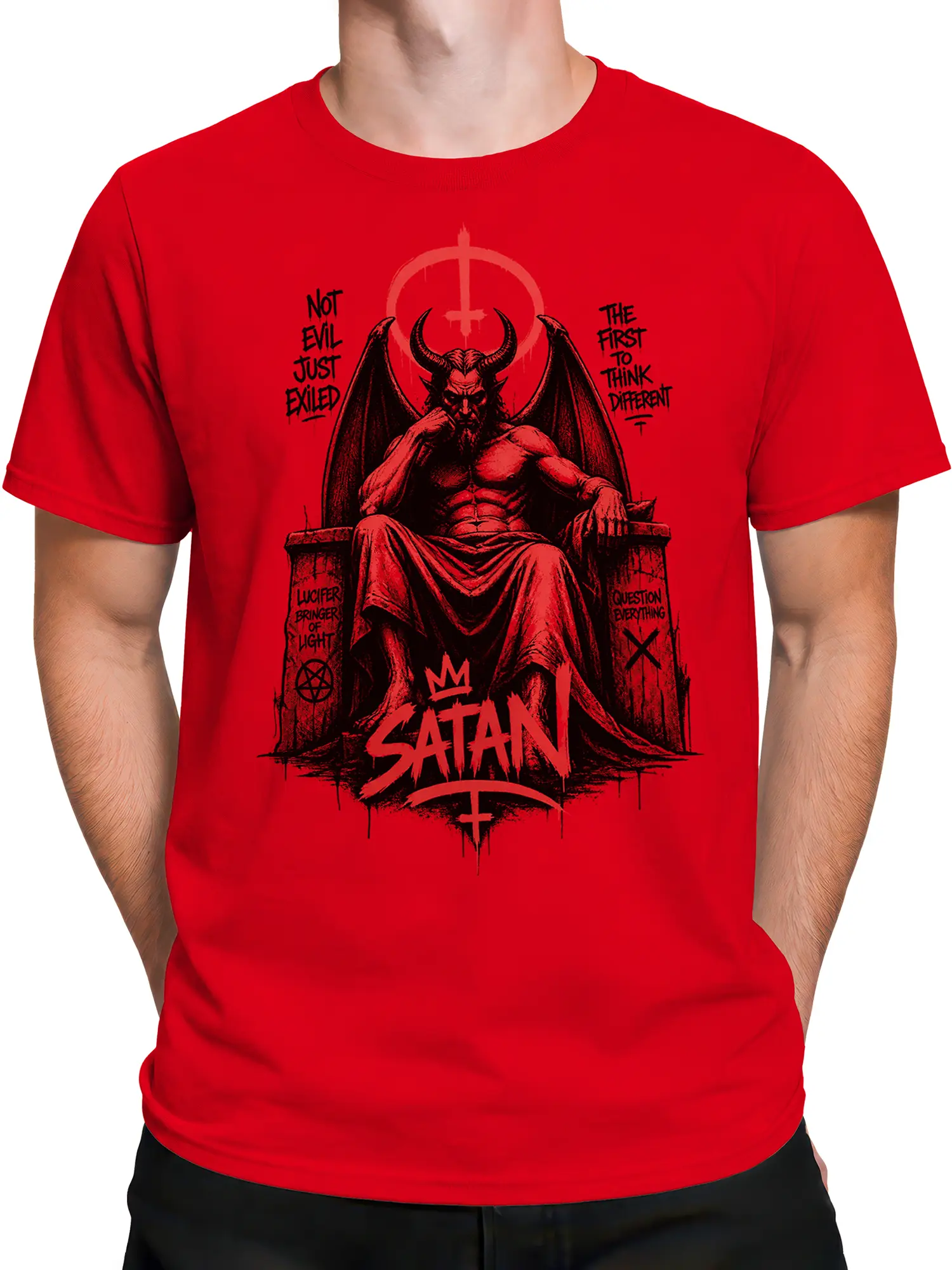 male model in red Satan throne t-shirt featuring horned demon illustration and rebellious slogans