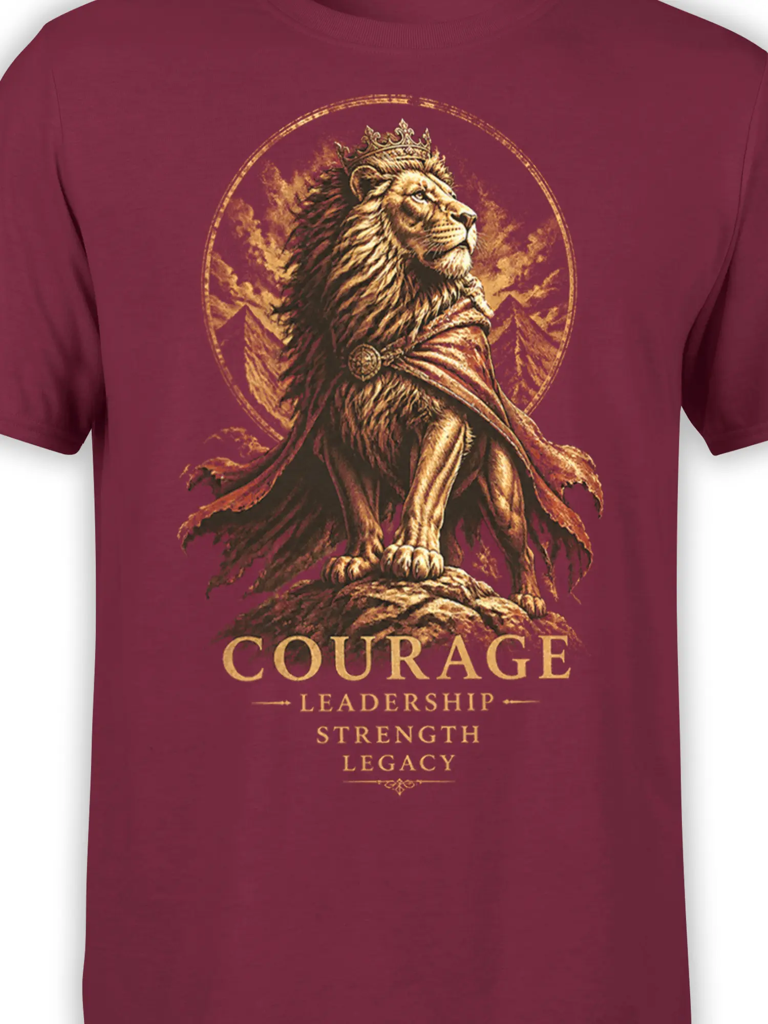 Close-up of crowned lion illustration and Courage Leadership Strength Legacy text on maroon cotton T-shirt