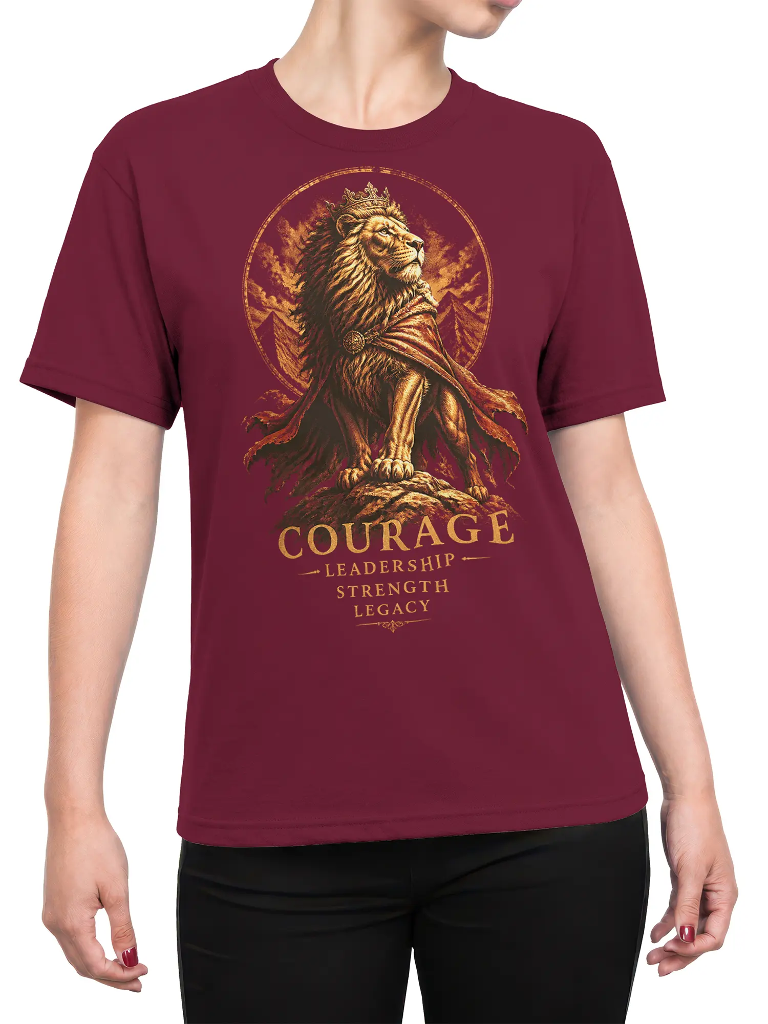 Woman wearing maroon lion courage T-shirt with crowned lion and golden Courage Leadership Strength Legacy text