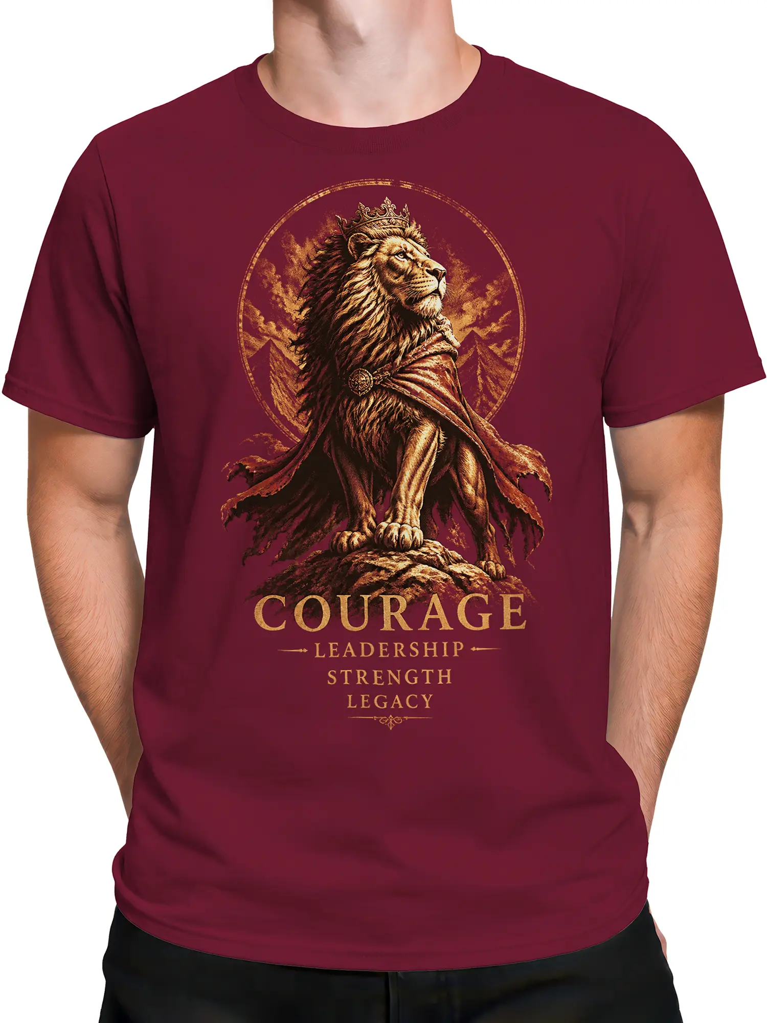 Man wearing maroon regal lion T-shirt with crown, cape, and Courage Leadership Strength Legacy quote