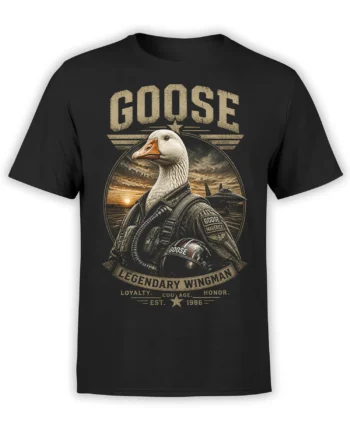 black unisex t-shirt with a realistic goose fighter pilot and legendary wingman text over sunset jets