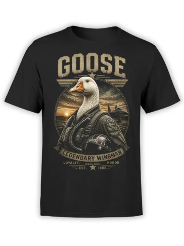 black unisex t-shirt with a realistic goose fighter pilot and legendary wingman text over sunset jets