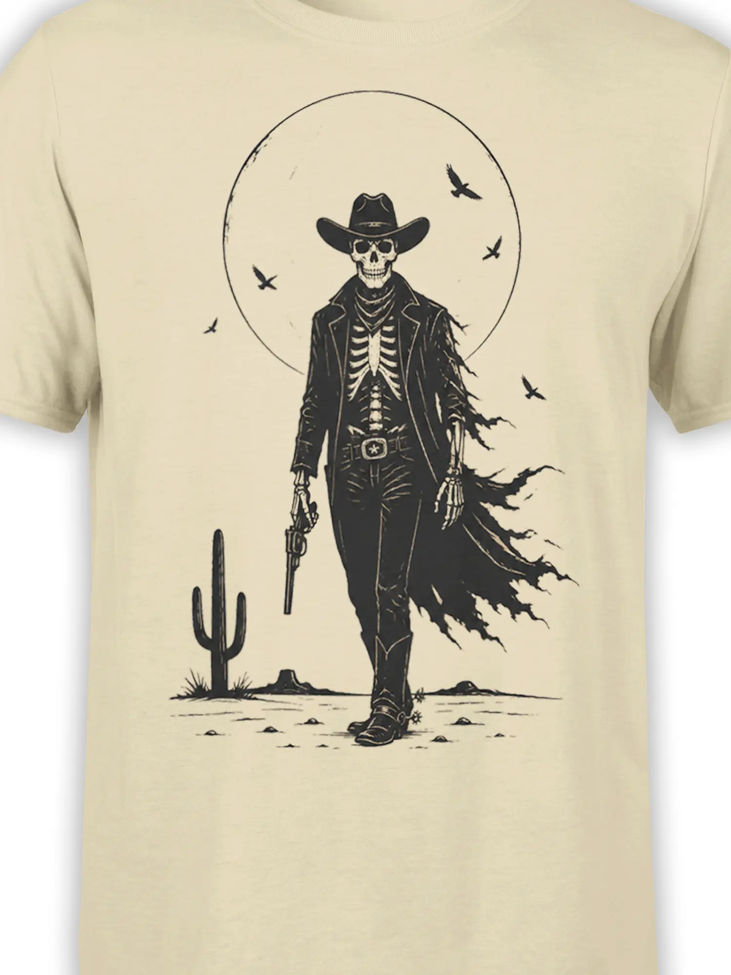 close-up of skeleton cowboy gunslinger and desert scene graphic on beige western skull shirt