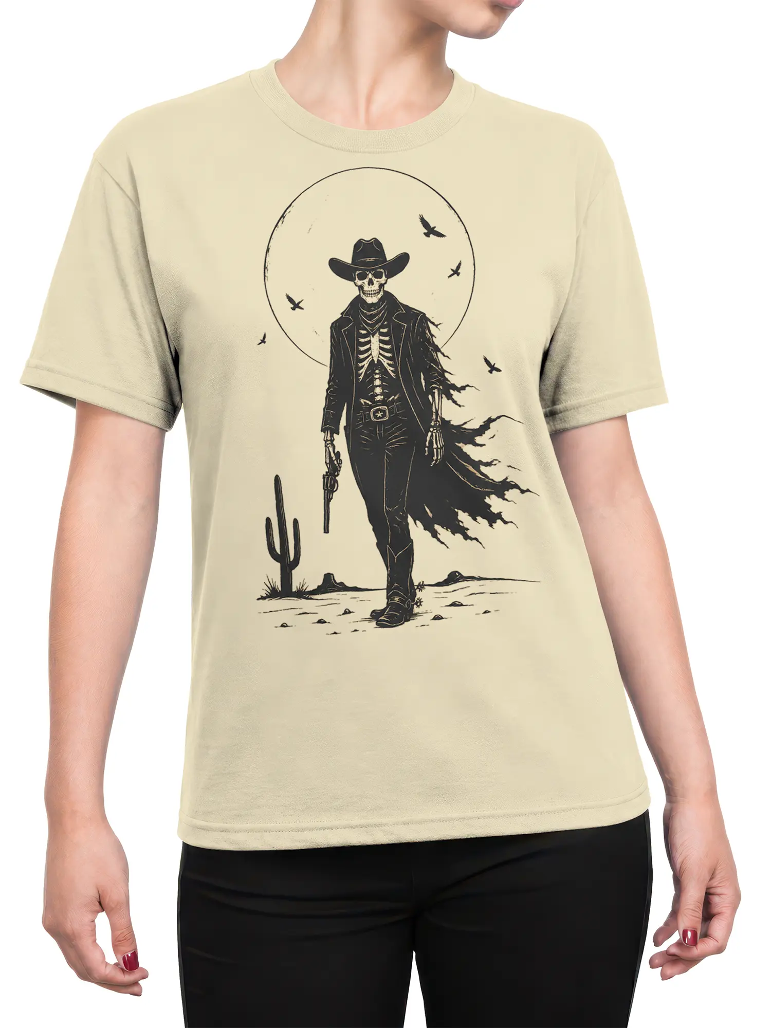 female model wearing beige skeleton cowboy gunslinger western skull tee