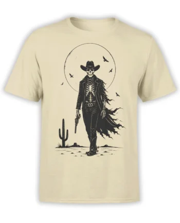 beige unisex t-shirt with skeleton cowboy gunslinger walking in the desert under a full moon with circling crows