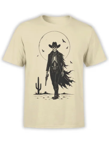 beige unisex t-shirt with skeleton cowboy gunslinger walking in the desert under a full moon with circling crows