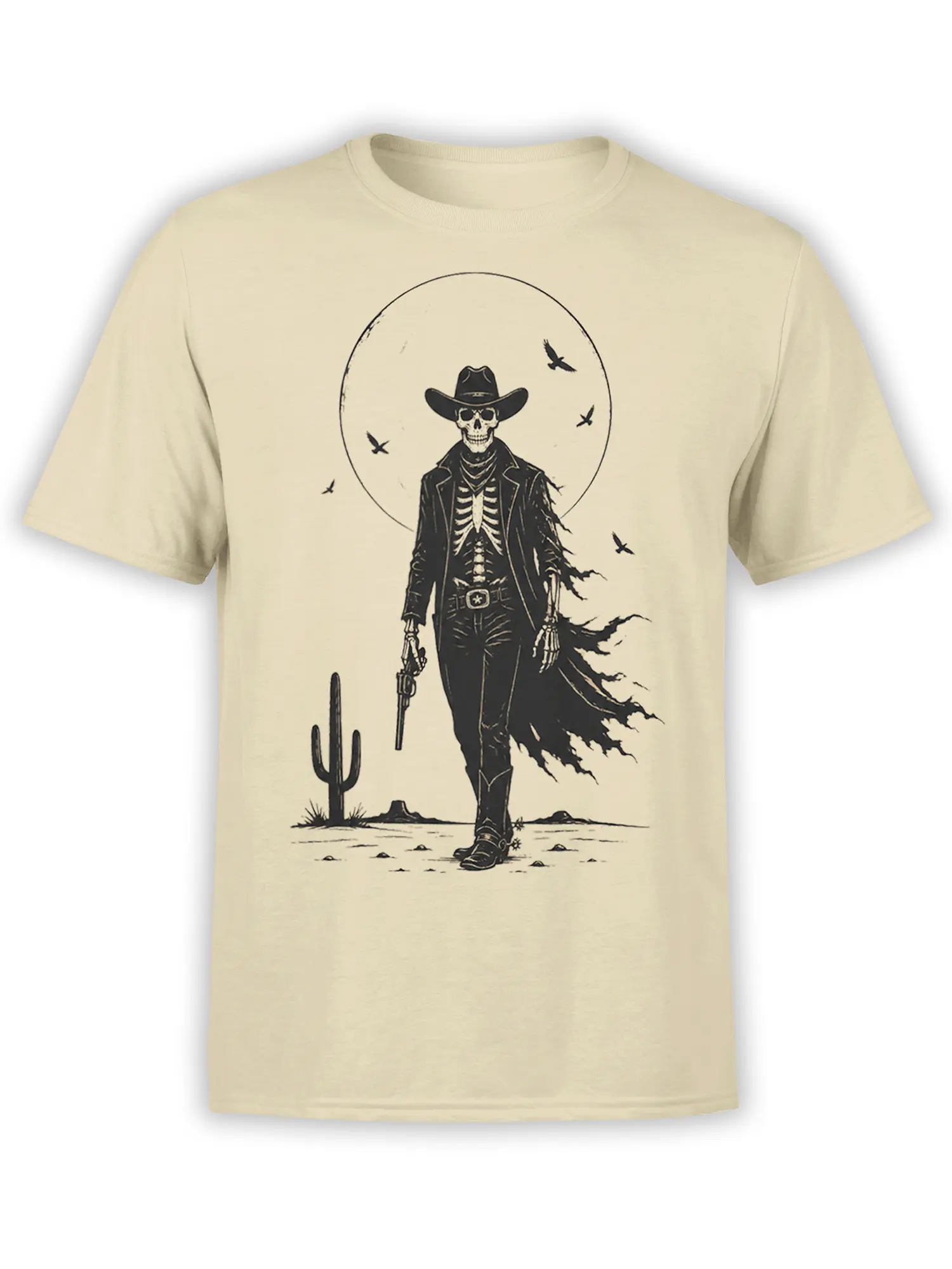 beige unisex t-shirt with skeleton cowboy gunslinger walking in the desert under a full moon with circling crows