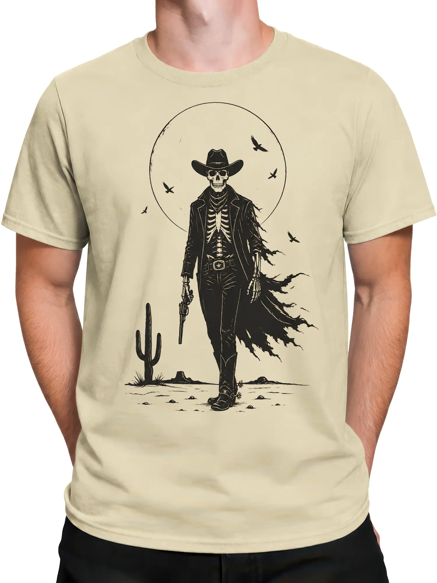 male model wearing beige skeleton cowboy gunslinger desert graphic shirt