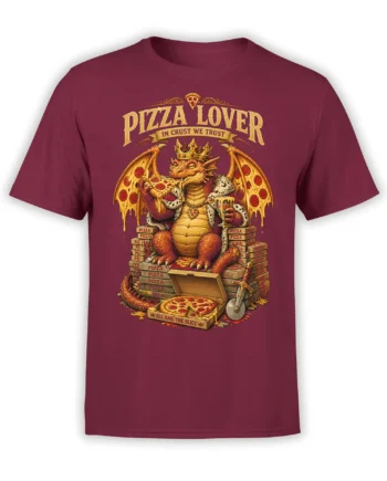 Red unisex T-shirt with crowned pizza dragon on a throne of pizza boxes, cheesy wings and bold Pizza Lover text in rich fantasy style