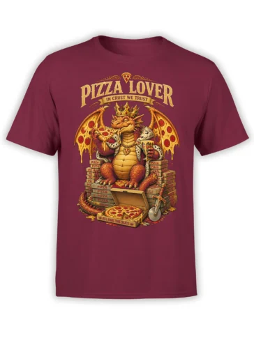 Red unisex T-shirt with crowned pizza dragon on a throne of pizza boxes, cheesy wings and bold Pizza Lover text in rich fantasy style