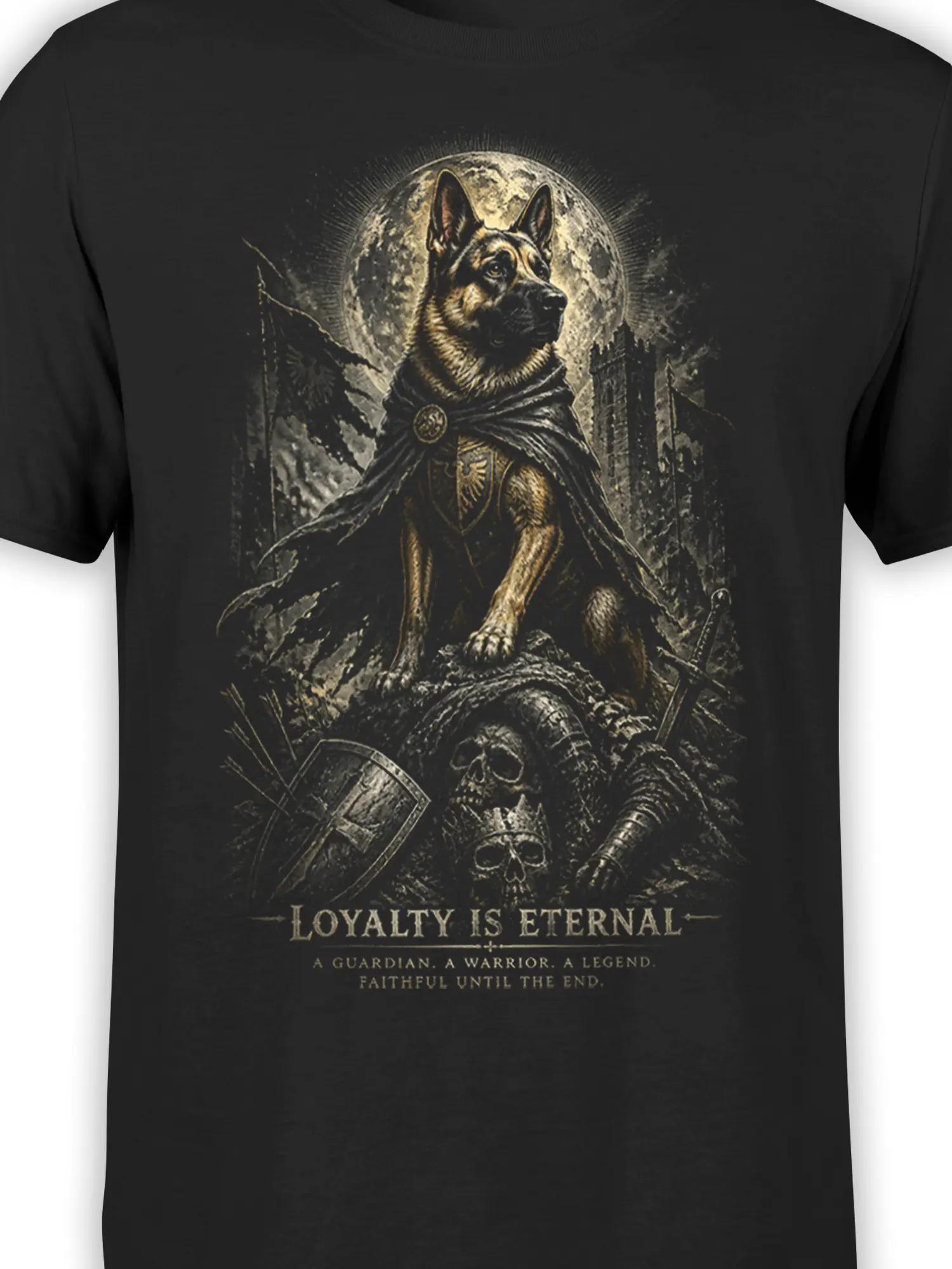 Close-up of German shepherd warrior graphic showing cloak, moon, castle ruins, skulls, shield, and “Loyalty Is Eternal” slogan on black fabric