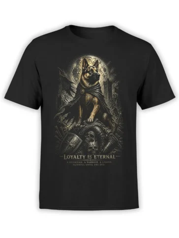 Black unisex T-shirt with an epic German shepherd warrior in cloak, moonlit castle ruins, skulls and shields, and “Loyalty Is Eternal” text